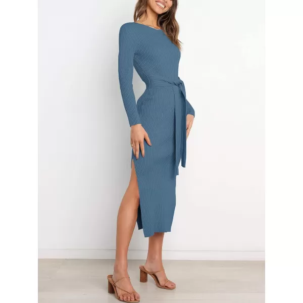 imageANRABESS Womens 2023 Fall Elegant Sweater Dress Long Sleeve Crewneck Tie Waist Slim Rib Knit Slit Bodycon Midi DressTeal