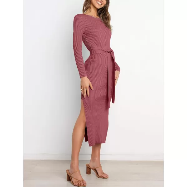 imageANRABESS Womens 2023 Fall Elegant Sweater Dress Long Sleeve Crewneck Tie Waist Slim Rib Knit Slit Bodycon Midi DressWatermelon Red