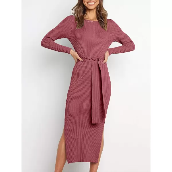 imageANRABESS Womens 2023 Fall Elegant Sweater Dress Long Sleeve Crewneck Tie Waist Slim Rib Knit Slit Bodycon Midi DressWatermelon Red