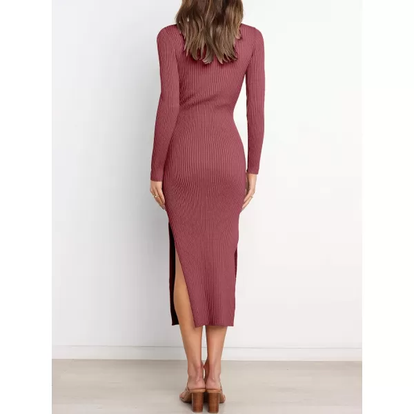 imageANRABESS Womens 2023 Fall Elegant Sweater Dress Long Sleeve Crewneck Tie Waist Slim Rib Knit Slit Bodycon Midi DressWatermelon Red