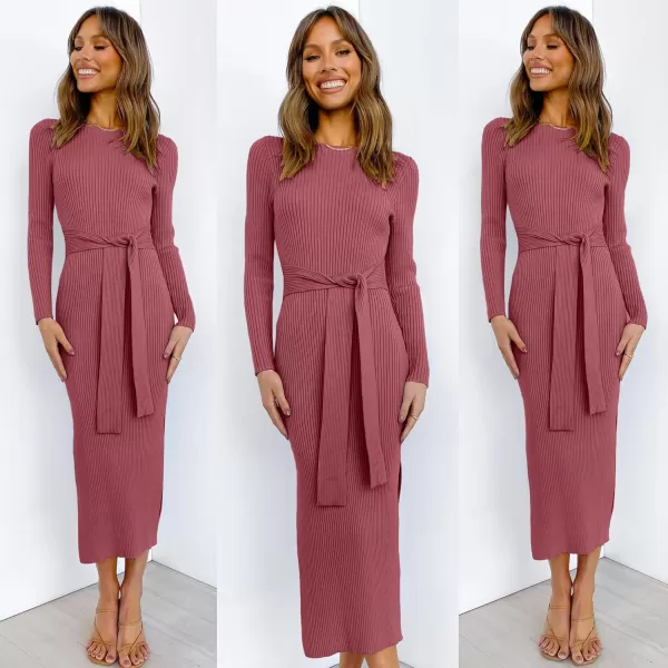 imageANRABESS Womens 2023 Fall Elegant Sweater Dress Long Sleeve Crewneck Tie Waist Slim Rib Knit Slit Bodycon Midi DressWatermelon Red