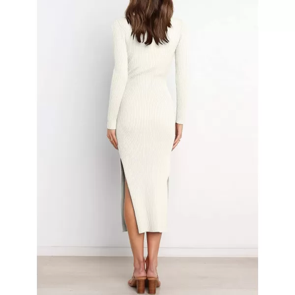 imageANRABESS Womens 2023 Fall Elegant Sweater Dress Long Sleeve Crewneck Tie Waist Slim Rib Knit Slit Bodycon Midi DressWhite