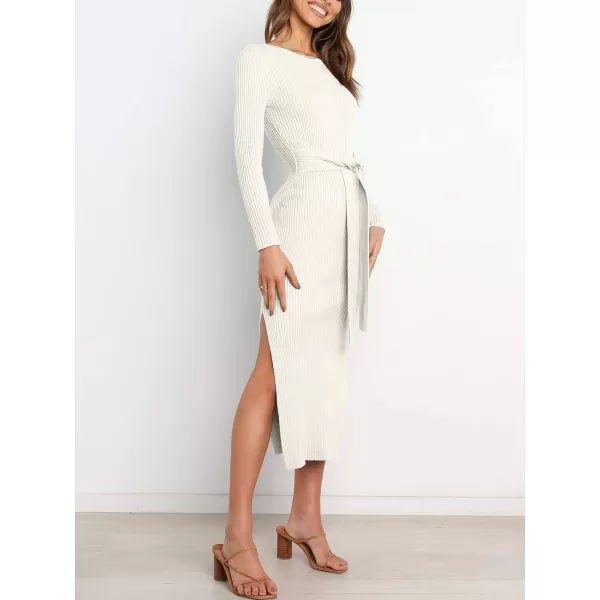 imageANRABESS Womens 2023 Fall Elegant Sweater Dress Long Sleeve Crewneck Tie Waist Slim Rib Knit Slit Bodycon Midi DressWhite