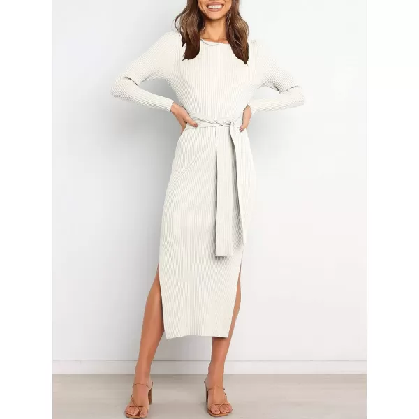 imageANRABESS Womens 2023 Fall Elegant Sweater Dress Long Sleeve Crewneck Tie Waist Slim Rib Knit Slit Bodycon Midi DressWhite