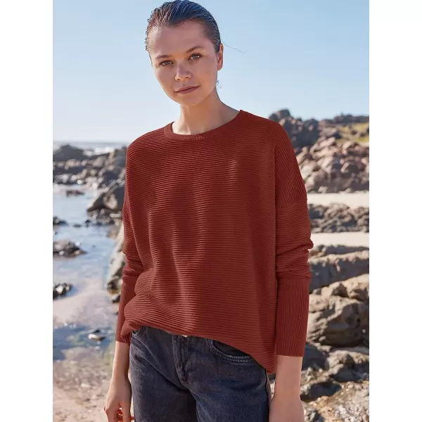 imageANRABESS Womens 2023 Fall Long Batwing Sleeve Drop Shoulder Crewneck Casual Ribbed Knit Sweaters Pullover with SplitRust
