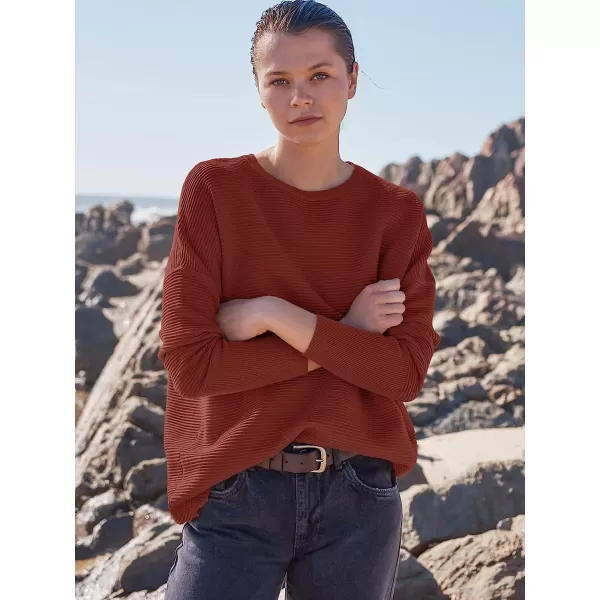 imageANRABESS Womens 2023 Fall Long Batwing Sleeve Drop Shoulder Crewneck Casual Ribbed Knit Sweaters Pullover with SplitRust