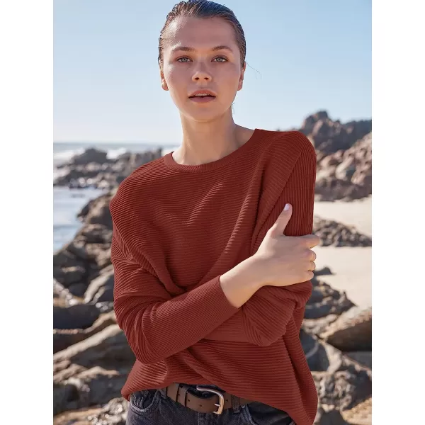 imageANRABESS Womens 2023 Fall Long Batwing Sleeve Drop Shoulder Crewneck Casual Ribbed Knit Sweaters Pullover with SplitRust