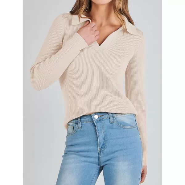 imageANRABESS Womens 2023 Fall Long Sleeve Lapel Collar V Neck Ribbed Knit Fitted T Shirts Solid Basic Tops Pullover SweaterApricot