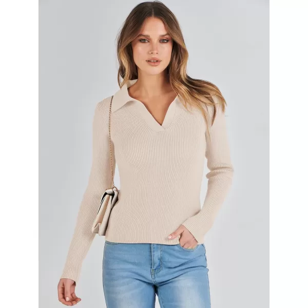 imageANRABESS Womens 2023 Fall Long Sleeve Lapel Collar V Neck Ribbed Knit Fitted T Shirts Solid Basic Tops Pullover SweaterApricot