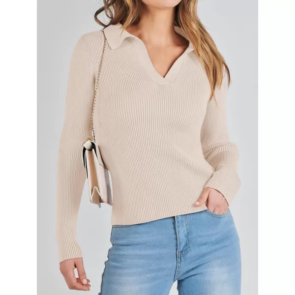 imageANRABESS Womens 2023 Fall Long Sleeve Lapel Collar V Neck Ribbed Knit Fitted T Shirts Solid Basic Tops Pullover SweaterApricot
