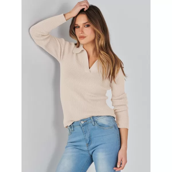 imageANRABESS Womens 2023 Fall Long Sleeve Lapel Collar V Neck Ribbed Knit Fitted T Shirts Solid Basic Tops Pullover SweaterApricot