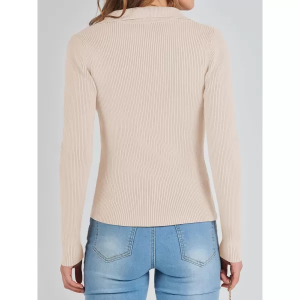 imageANRABESS Womens 2023 Fall Long Sleeve Lapel Collar V Neck Ribbed Knit Fitted T Shirts Solid Basic Tops Pullover SweaterApricot