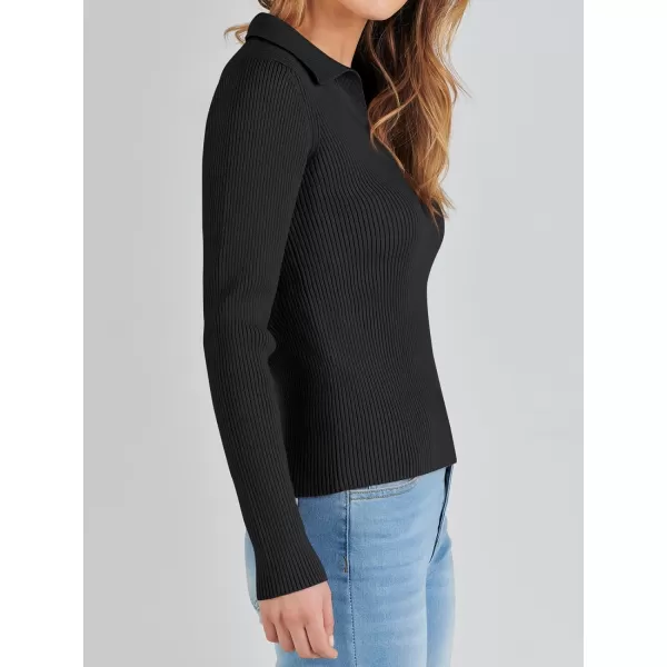 imageANRABESS Womens 2023 Fall Long Sleeve Lapel Collar V Neck Ribbed Knit Fitted T Shirts Solid Basic Tops Pullover SweaterBlack
