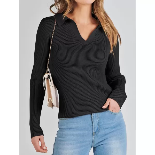 imageANRABESS Womens 2023 Fall Long Sleeve Lapel Collar V Neck Ribbed Knit Fitted T Shirts Solid Basic Tops Pullover SweaterBlack
