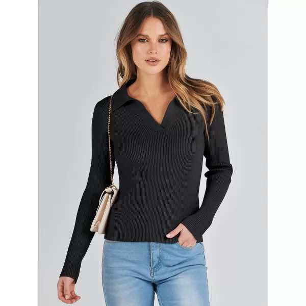 imageANRABESS Womens 2023 Fall Long Sleeve Lapel Collar V Neck Ribbed Knit Fitted T Shirts Solid Basic Tops Pullover SweaterBlack
