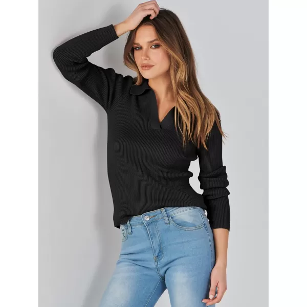 imageANRABESS Womens 2023 Fall Long Sleeve Lapel Collar V Neck Ribbed Knit Fitted T Shirts Solid Basic Tops Pullover SweaterBlack