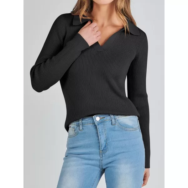 imageANRABESS Womens 2023 Fall Long Sleeve Lapel Collar V Neck Ribbed Knit Fitted T Shirts Solid Basic Tops Pullover SweaterBlack