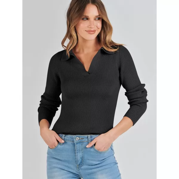 imageANRABESS Womens 2023 Fall Long Sleeve Lapel Collar V Neck Ribbed Knit Fitted T Shirts Solid Basic Tops Pullover SweaterBlack