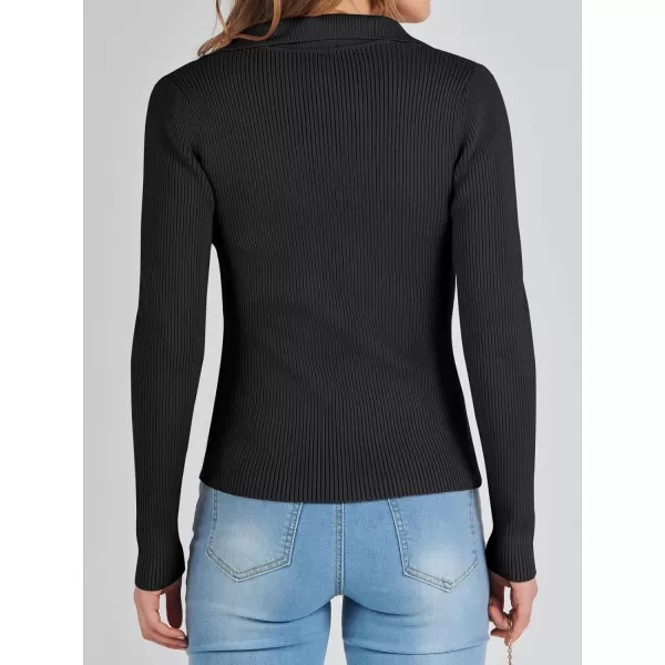 imageANRABESS Womens 2023 Fall Long Sleeve Lapel Collar V Neck Ribbed Knit Fitted T Shirts Solid Basic Tops Pullover SweaterBlack