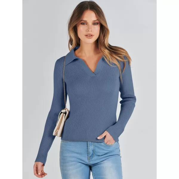 imageANRABESS Womens 2023 Fall Long Sleeve Lapel Collar V Neck Ribbed Knit Fitted T Shirts Solid Basic Tops Pullover SweaterBlue