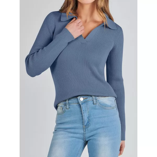 imageANRABESS Womens 2023 Fall Long Sleeve Lapel Collar V Neck Ribbed Knit Fitted T Shirts Solid Basic Tops Pullover SweaterBlue