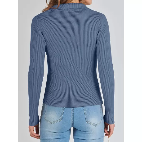 imageANRABESS Womens 2023 Fall Long Sleeve Lapel Collar V Neck Ribbed Knit Fitted T Shirts Solid Basic Tops Pullover SweaterBlue
