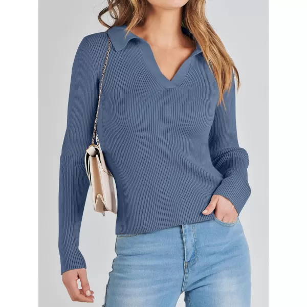 imageANRABESS Womens 2023 Fall Long Sleeve Lapel Collar V Neck Ribbed Knit Fitted T Shirts Solid Basic Tops Pullover SweaterBlue