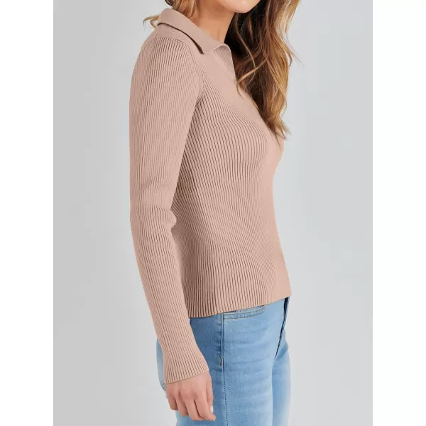 imageANRABESS Womens 2023 Fall Long Sleeve Lapel Collar V Neck Ribbed Knit Fitted T Shirts Solid Basic Tops Pullover SweaterKhaki
