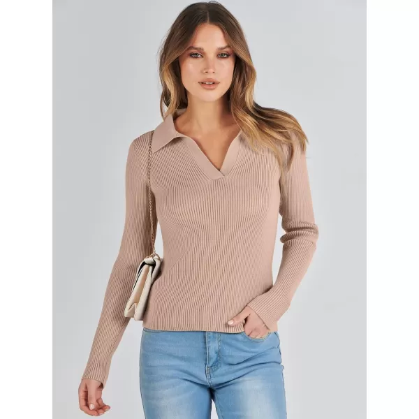 imageANRABESS Womens 2023 Fall Long Sleeve Lapel Collar V Neck Ribbed Knit Fitted T Shirts Solid Basic Tops Pullover SweaterKhaki