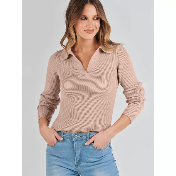 imageANRABESS Womens 2023 Fall Long Sleeve Lapel Collar V Neck Ribbed Knit Fitted T Shirts Solid Basic Tops Pullover SweaterKhaki