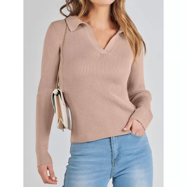 imageANRABESS Womens 2023 Fall Long Sleeve Lapel Collar V Neck Ribbed Knit Fitted T Shirts Solid Basic Tops Pullover SweaterKhaki