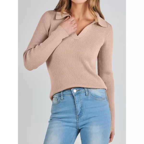 imageANRABESS Womens 2023 Fall Long Sleeve Lapel Collar V Neck Ribbed Knit Fitted T Shirts Solid Basic Tops Pullover SweaterKhaki
