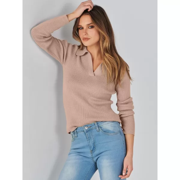 imageANRABESS Womens 2023 Fall Long Sleeve Lapel Collar V Neck Ribbed Knit Fitted T Shirts Solid Basic Tops Pullover SweaterKhaki