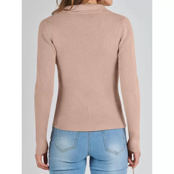 imageANRABESS Womens 2023 Fall Long Sleeve Lapel Collar V Neck Ribbed Knit Fitted T Shirts Solid Basic Tops Pullover SweaterKhaki