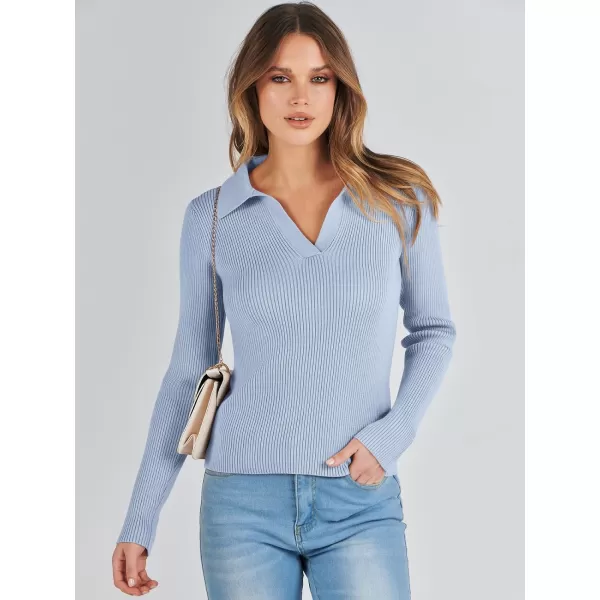 imageANRABESS Womens 2023 Fall Long Sleeve Lapel Collar V Neck Ribbed Knit Fitted T Shirts Solid Basic Tops Pullover SweaterLight Blue