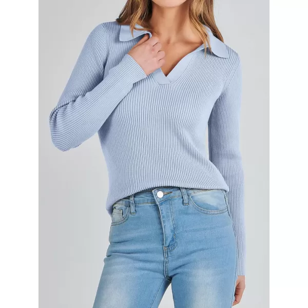 imageANRABESS Womens 2023 Fall Long Sleeve Lapel Collar V Neck Ribbed Knit Fitted T Shirts Solid Basic Tops Pullover SweaterLight Blue