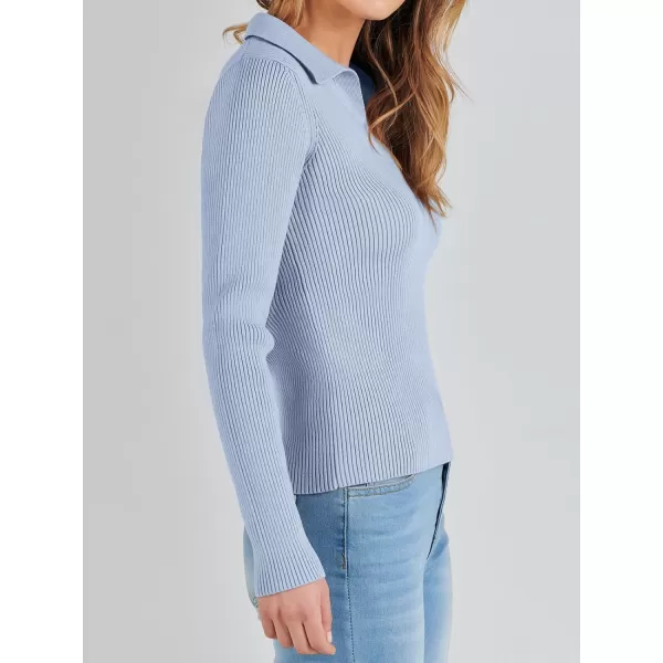 imageANRABESS Womens 2023 Fall Long Sleeve Lapel Collar V Neck Ribbed Knit Fitted T Shirts Solid Basic Tops Pullover SweaterLight Blue