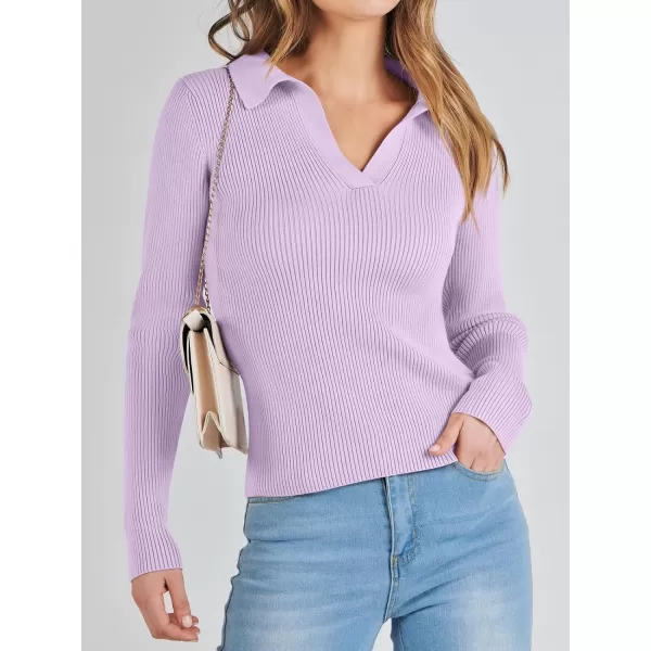 imageANRABESS Womens 2023 Fall Long Sleeve Lapel Collar V Neck Ribbed Knit Fitted T Shirts Solid Basic Tops Pullover SweaterLight Purple