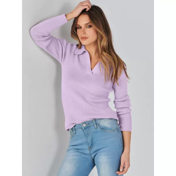 imageANRABESS Womens 2023 Fall Long Sleeve Lapel Collar V Neck Ribbed Knit Fitted T Shirts Solid Basic Tops Pullover SweaterLight Purple