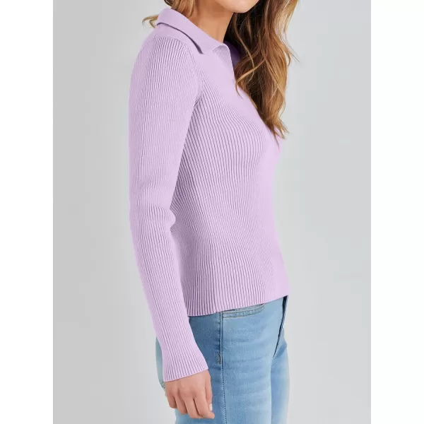 imageANRABESS Womens 2023 Fall Long Sleeve Lapel Collar V Neck Ribbed Knit Fitted T Shirts Solid Basic Tops Pullover SweaterLight Purple