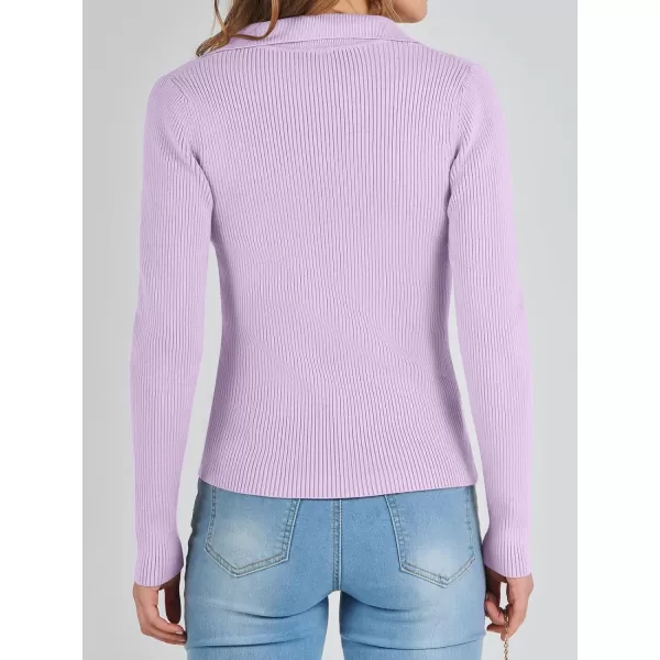 imageANRABESS Womens 2023 Fall Long Sleeve Lapel Collar V Neck Ribbed Knit Fitted T Shirts Solid Basic Tops Pullover SweaterLight Purple