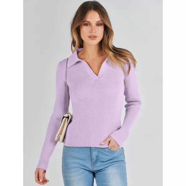 imageANRABESS Womens 2023 Fall Long Sleeve Lapel Collar V Neck Ribbed Knit Fitted T Shirts Solid Basic Tops Pullover SweaterLight Purple