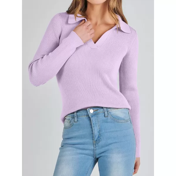 imageANRABESS Womens 2023 Fall Long Sleeve Lapel Collar V Neck Ribbed Knit Fitted T Shirts Solid Basic Tops Pullover SweaterLight Purple