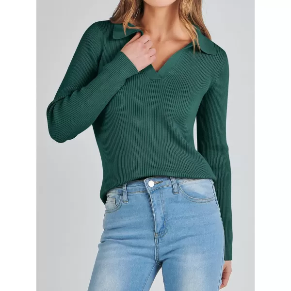 imageANRABESS Womens 2023 Fall Long Sleeve Lapel Collar V Neck Ribbed Knit Fitted T Shirts Solid Basic Tops Pullover SweaterOpal Green