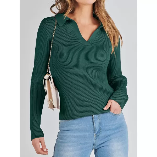 imageANRABESS Womens 2023 Fall Long Sleeve Lapel Collar V Neck Ribbed Knit Fitted T Shirts Solid Basic Tops Pullover SweaterOpal Green