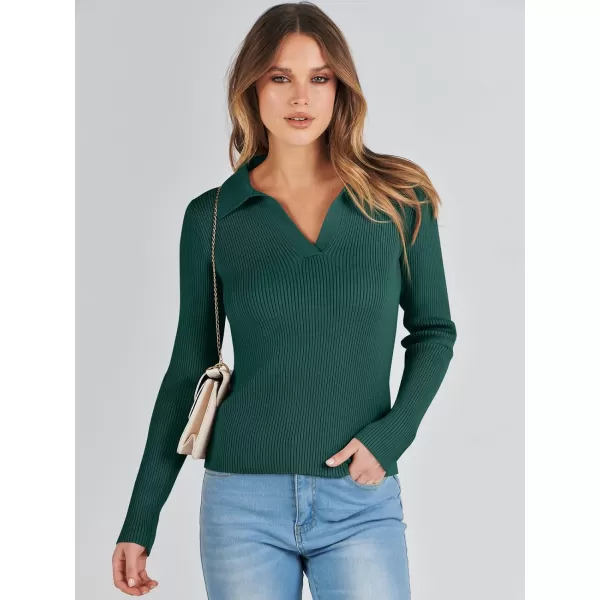 imageANRABESS Womens 2023 Fall Long Sleeve Lapel Collar V Neck Ribbed Knit Fitted T Shirts Solid Basic Tops Pullover SweaterOpal Green