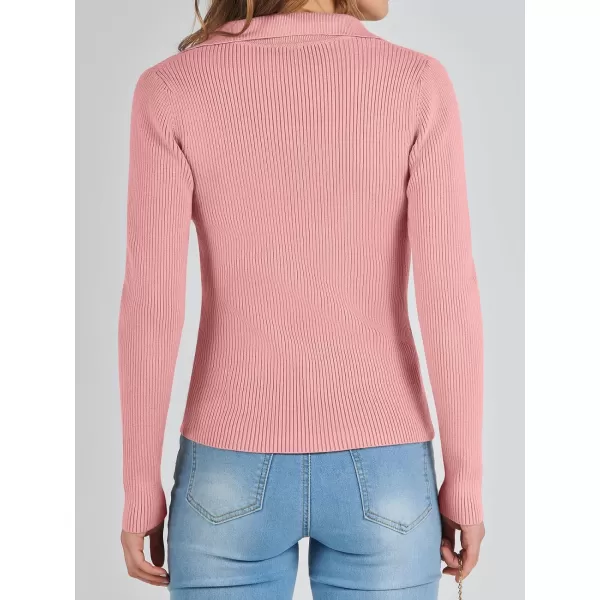imageANRABESS Womens 2023 Fall Long Sleeve Lapel Collar V Neck Ribbed Knit Fitted T Shirts Solid Basic Tops Pullover SweaterPink