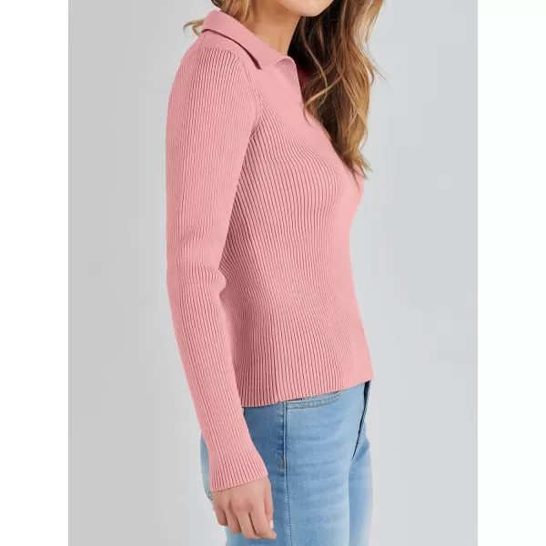 imageANRABESS Womens 2023 Fall Long Sleeve Lapel Collar V Neck Ribbed Knit Fitted T Shirts Solid Basic Tops Pullover SweaterPink
