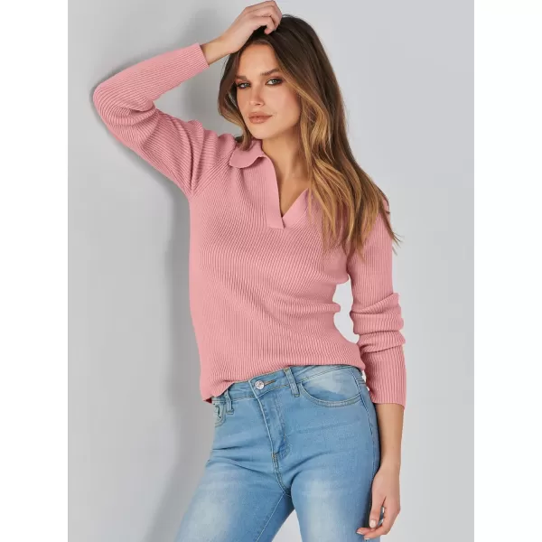 imageANRABESS Womens 2023 Fall Long Sleeve Lapel Collar V Neck Ribbed Knit Fitted T Shirts Solid Basic Tops Pullover SweaterPink