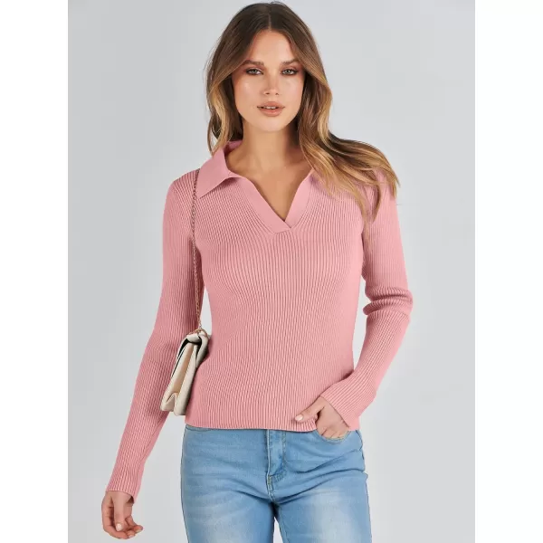 imageANRABESS Womens 2023 Fall Long Sleeve Lapel Collar V Neck Ribbed Knit Fitted T Shirts Solid Basic Tops Pullover SweaterPink